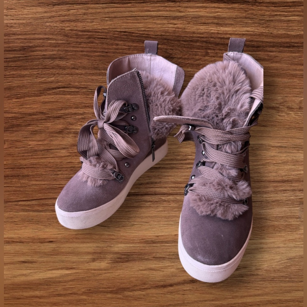 J/Slides Nyc Whitney Taupe And Faux Fur Wedge Boo… - image 2